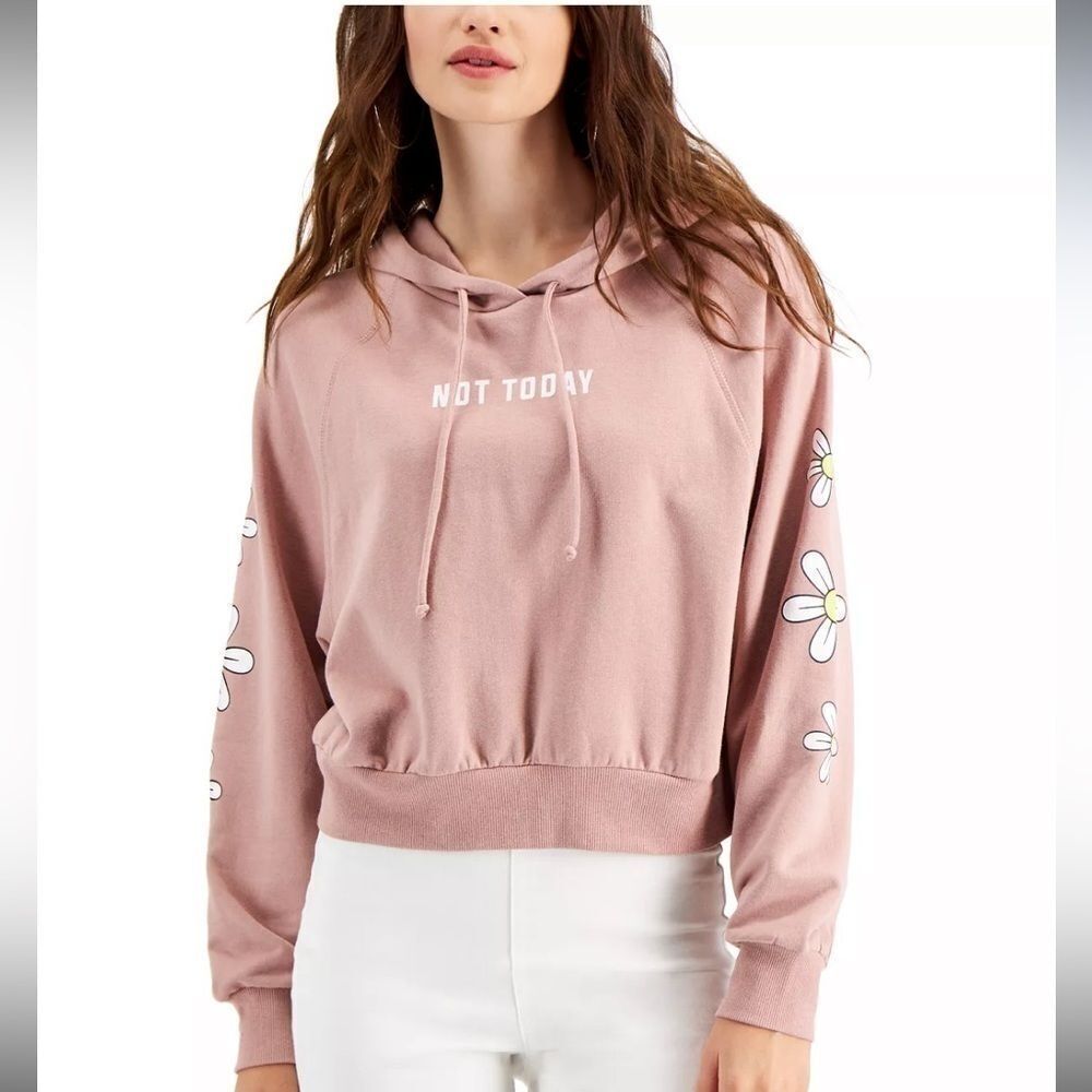 Rebellious One Juniors’ Floral-Sleeve Hoodie | Not Today Rose Pink Sweatshirt L